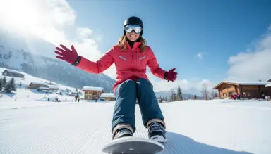woman snowboarding on sunny mountain slope
