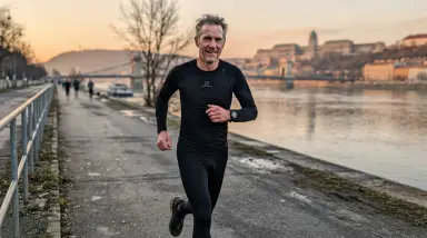 man running along river path at dusk