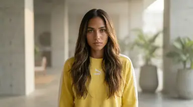 woman in yellow puma sweatshirt indoors