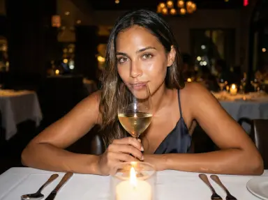 woman at candlelit restaurant table with wine glass