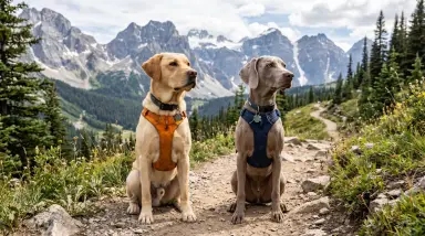 two dogs on mountain trail