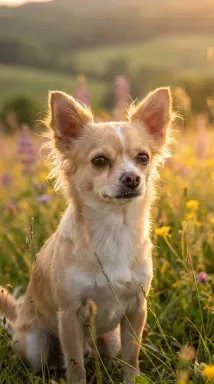 chihuahua in golden meadow at sunset