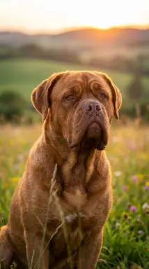 brown dog in sunset meadow