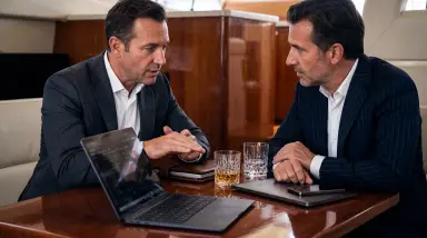 two businessmen discussing in private jet cabin