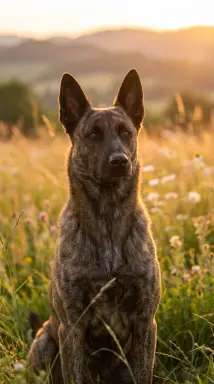 brindle dog in sunlit meadow