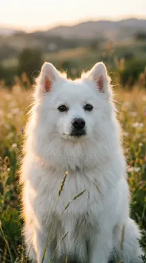 white fluffy dog in golden hour meadow