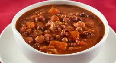 hearty chili soup in white bowl