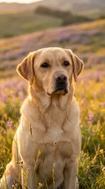 golden retriever in lavender field at sunset