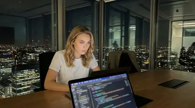 woman coding at city office window