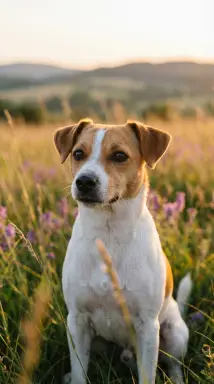 jack russell terrier in meadow at sunset