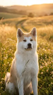akita dog in golden field at sunset
