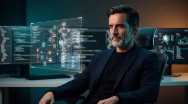 Business Professional Analyzing Holographic Data Network