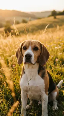 beagle in golden field at sunset