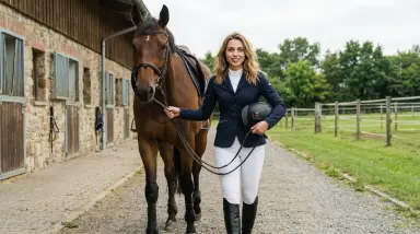 equestrian woman leading horse at stable