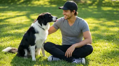 man petting border collie on grass