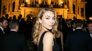 woman at illuminated grand building event