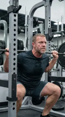 man squatting with barbell in gym
