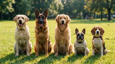 Five Dogs Sitting in Park Field