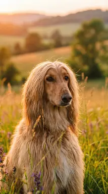 afghan hound in golden field at sunset