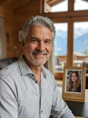Man with Photo Frame in Cabin Setting