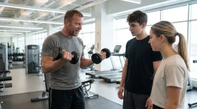 gym instructor demonstrates dumbbell exercise