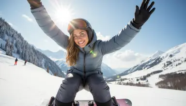 smiling snowboarder on sunny slope