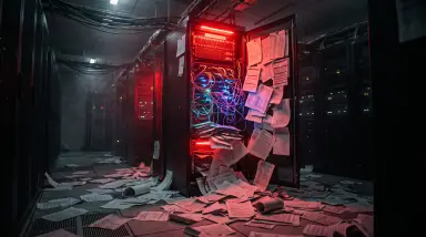 server rack chaos with scattered documents