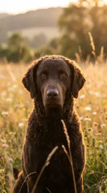 brown dog in golden field at sunset