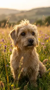 shaggy dog in meadow at sunset