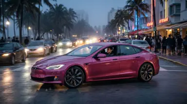 pink tesla on city street at dusk