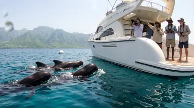 yacht with whales and tourists on ocean