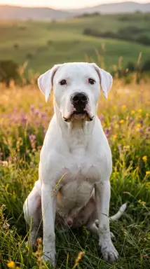 white dog in meadow at golden hour