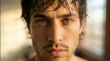 wet-haired man close-up portrait