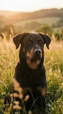 black dog in golden field at sunset