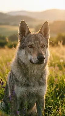 wolf in golden hour meadow