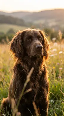 brown dog in golden meadow at sunset