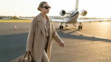 woman walking on airport tarmac near private jet