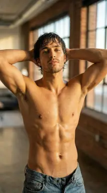 muscular shirtless man in jeans hands behind head