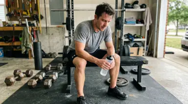 man resting after workout in garage gym