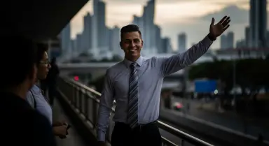 businessman waves on urban overpass