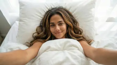 Woman in bed with white bedding and natural light