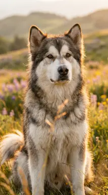 alaskan malamute in golden hour meadow