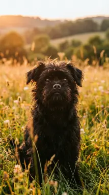 black dog in golden field at sunset