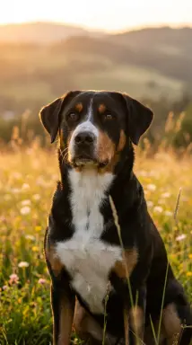 golden hour dog in meadow