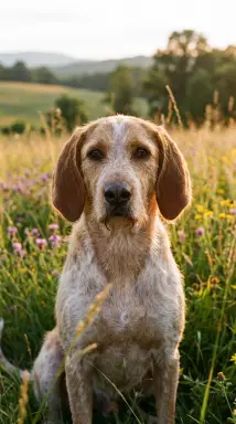 dog in golden hour meadow