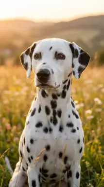 dalmatian dog in golden field at sunset