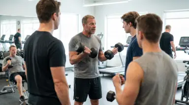 gym instructor demonstrating dumbbell exercise