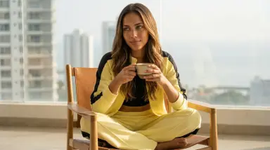 woman in yellow tracksuit holding cup on balcony