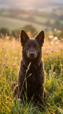 dark curly coated dog in meadow at sunset