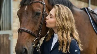 woman kissing horse in stable